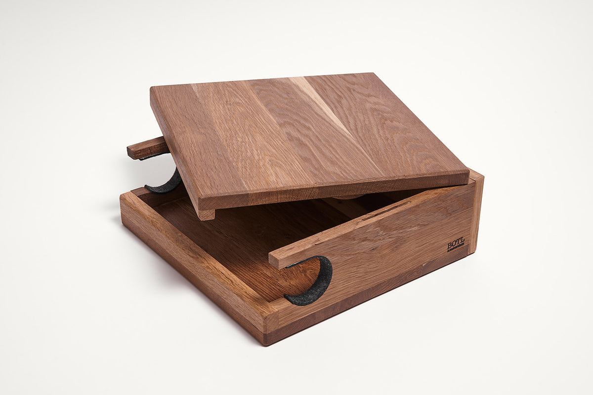 Smoked oak Bike Wall Hanger #1, open view showing the frame slot