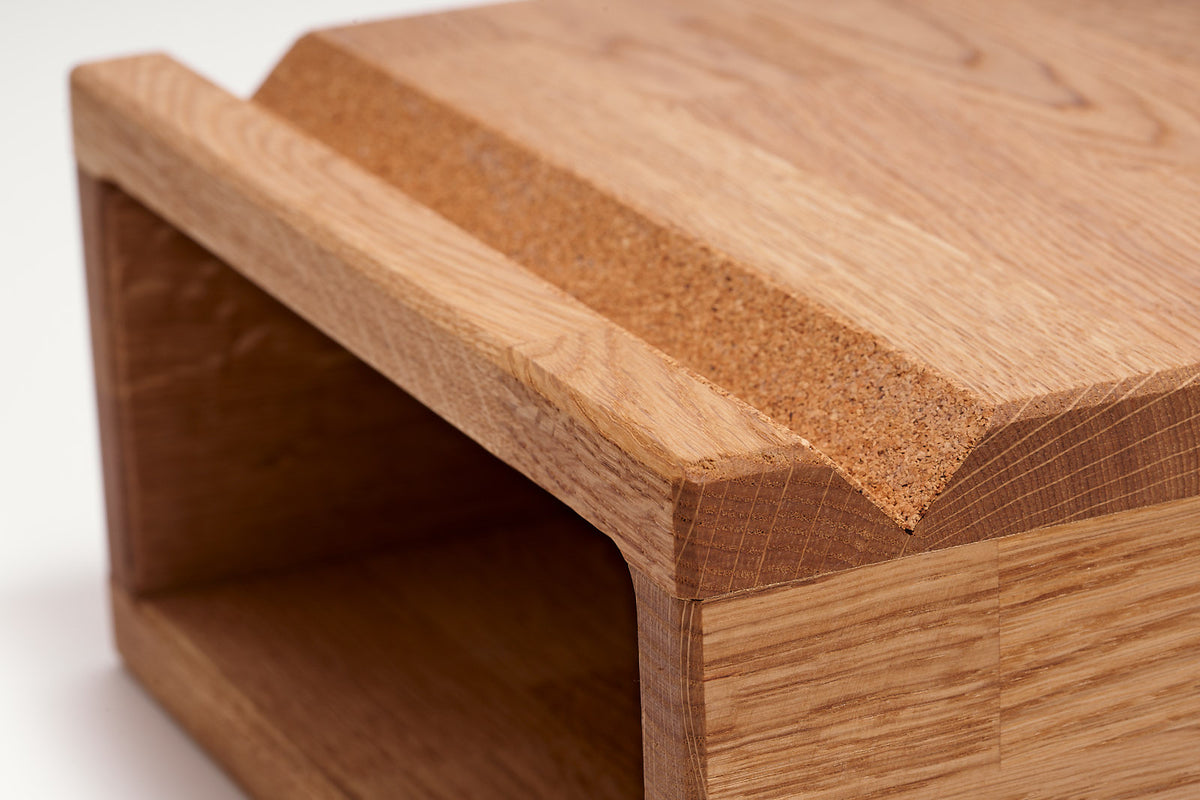 Close-up of the cork protection on the oak Bike Wall Hanger #2