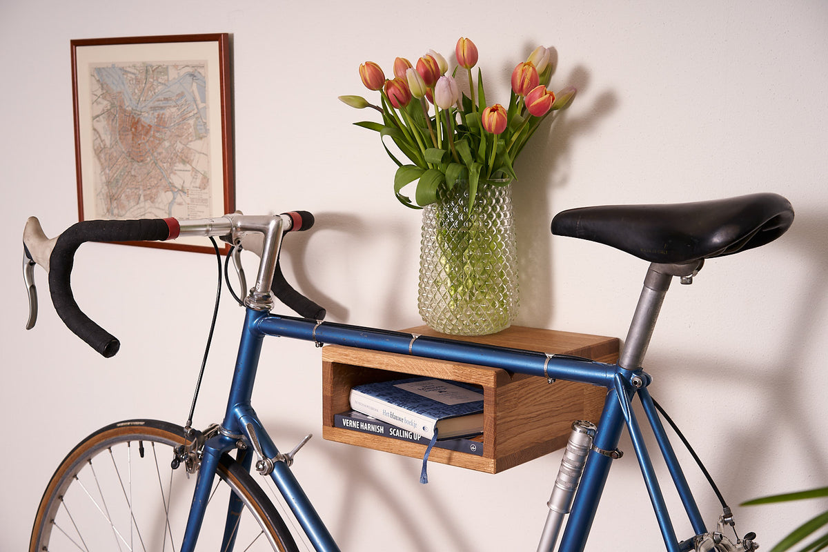Oak bike wall mount #2 with natural oil finish — Decorated view