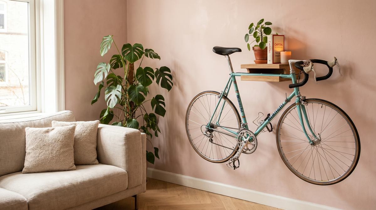 A teal road bicycle hangs on a bike hanger on a pink wall in a styled living room corner, with a sofa, potted plants, candles, and a window visible.