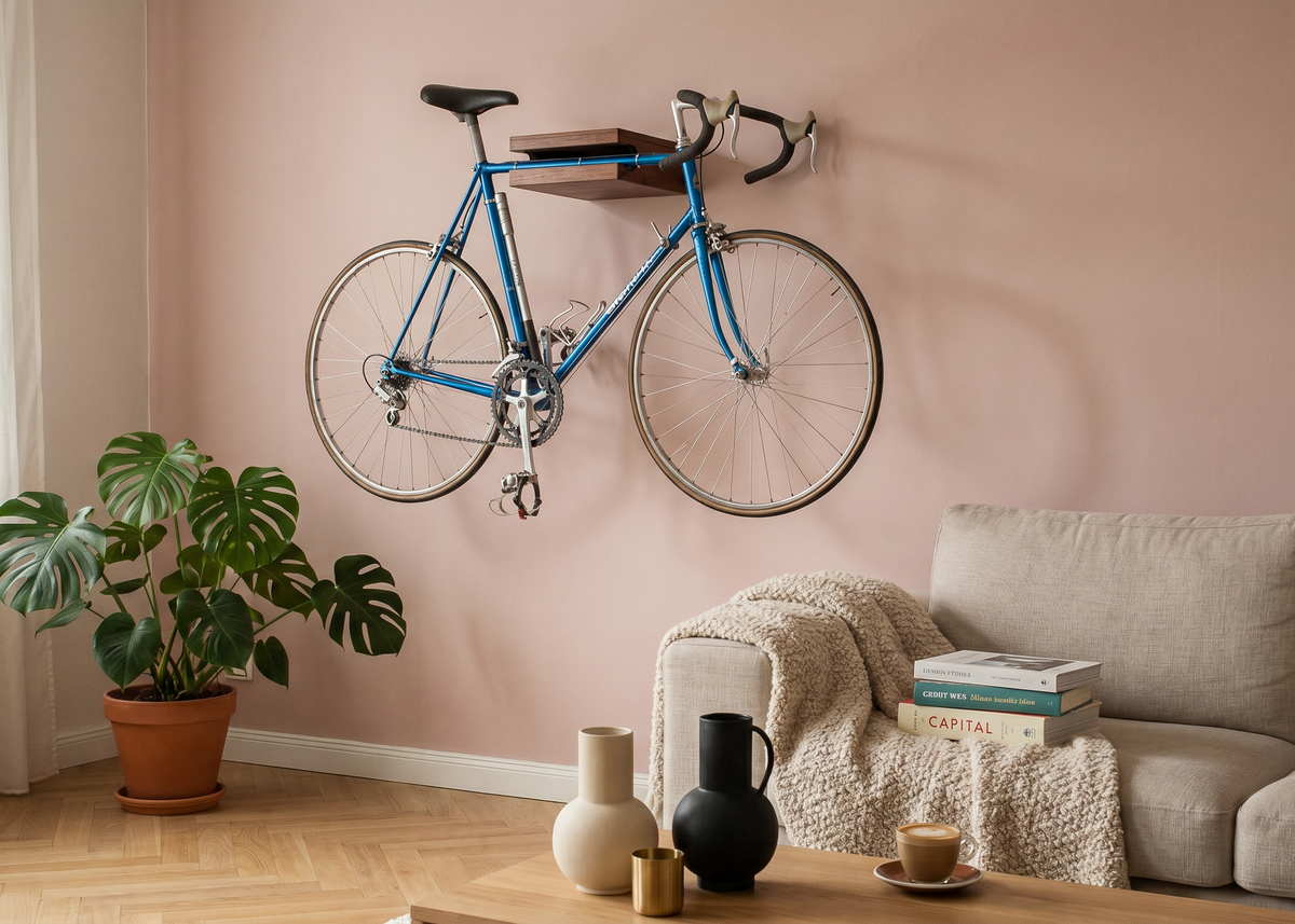 Oak wooden bike hanger with blue fixie bike on a pink wall
