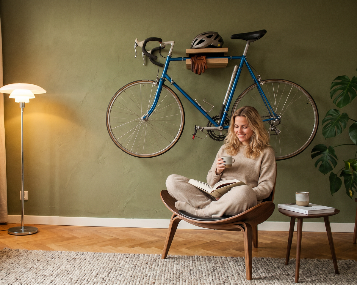 A blue bicycle is mounted on the wall on the olive green wall with a bike hanger.