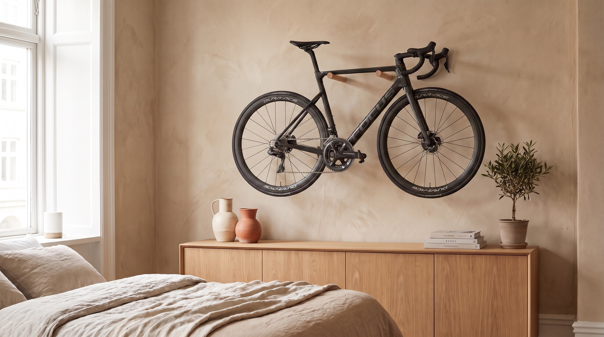 A black road bicycle mounted on wooden bike pole hangers on a beige wall above a wooden cabinet in a styled bedroom setting.