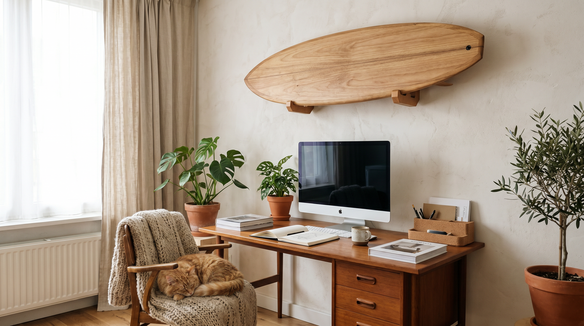 A styled home office scene with a surfboard hanger, wooden desk, computer monitor, books, potted plants, a knit throw draped over a chair with a cat resting on it, and a large wooden surfboard mounted on the wall above.