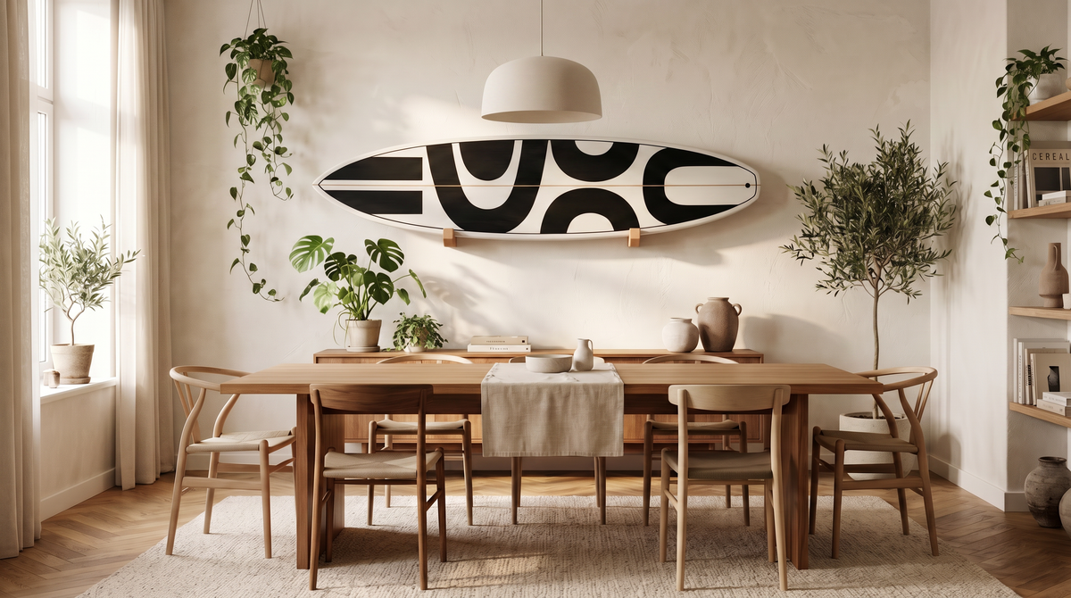 A styled dining room interior featuring a light wood dining table and chairs, with a surfboard mounted above. The room has warm neutral walls, a hanging pendant light, potted plants, and a bookshelf on the right.
