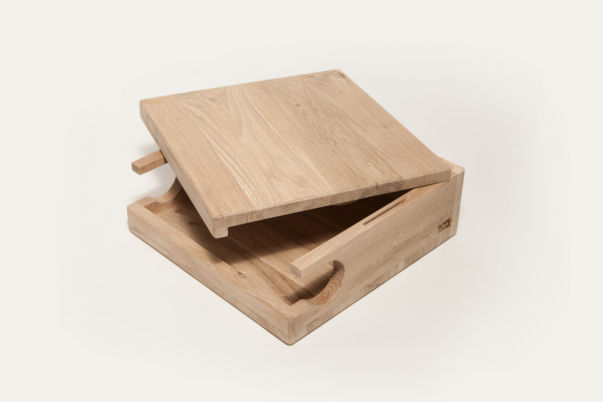 Unfinished oak Bike Wall Hanger #1, open view showing the frame slot