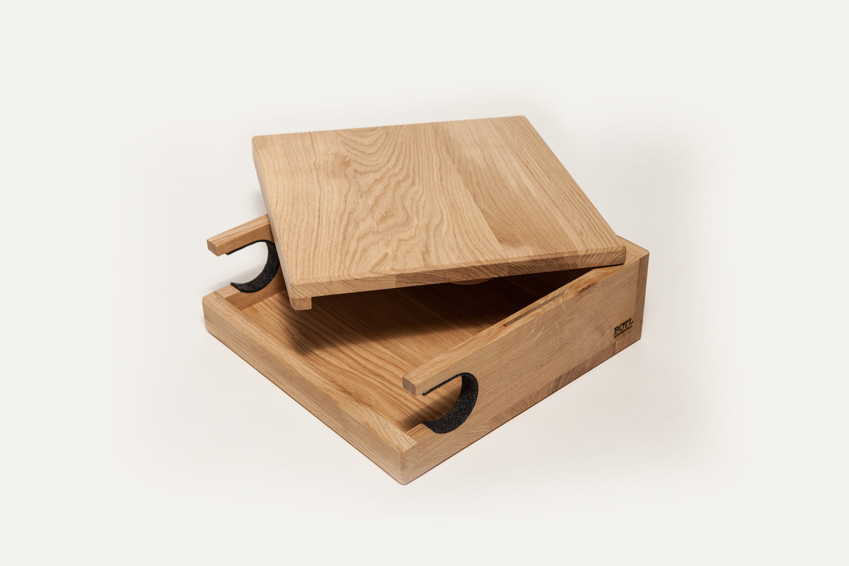 Oak Bike Wall Hanger #1 with natural oil finish, open view showing the frame slot